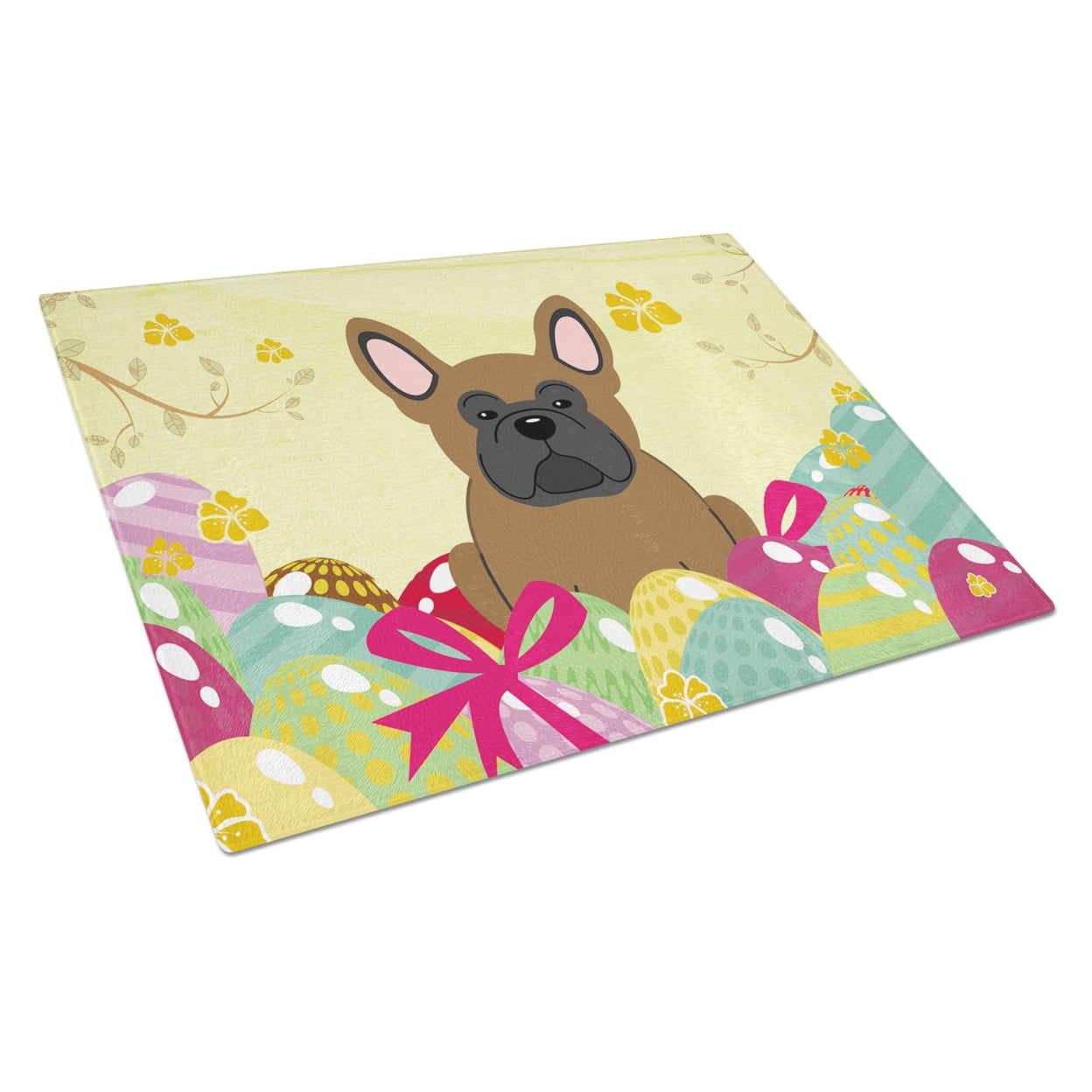 Easter Eggs French Bulldog Brown Glass Cutting Board - Large
