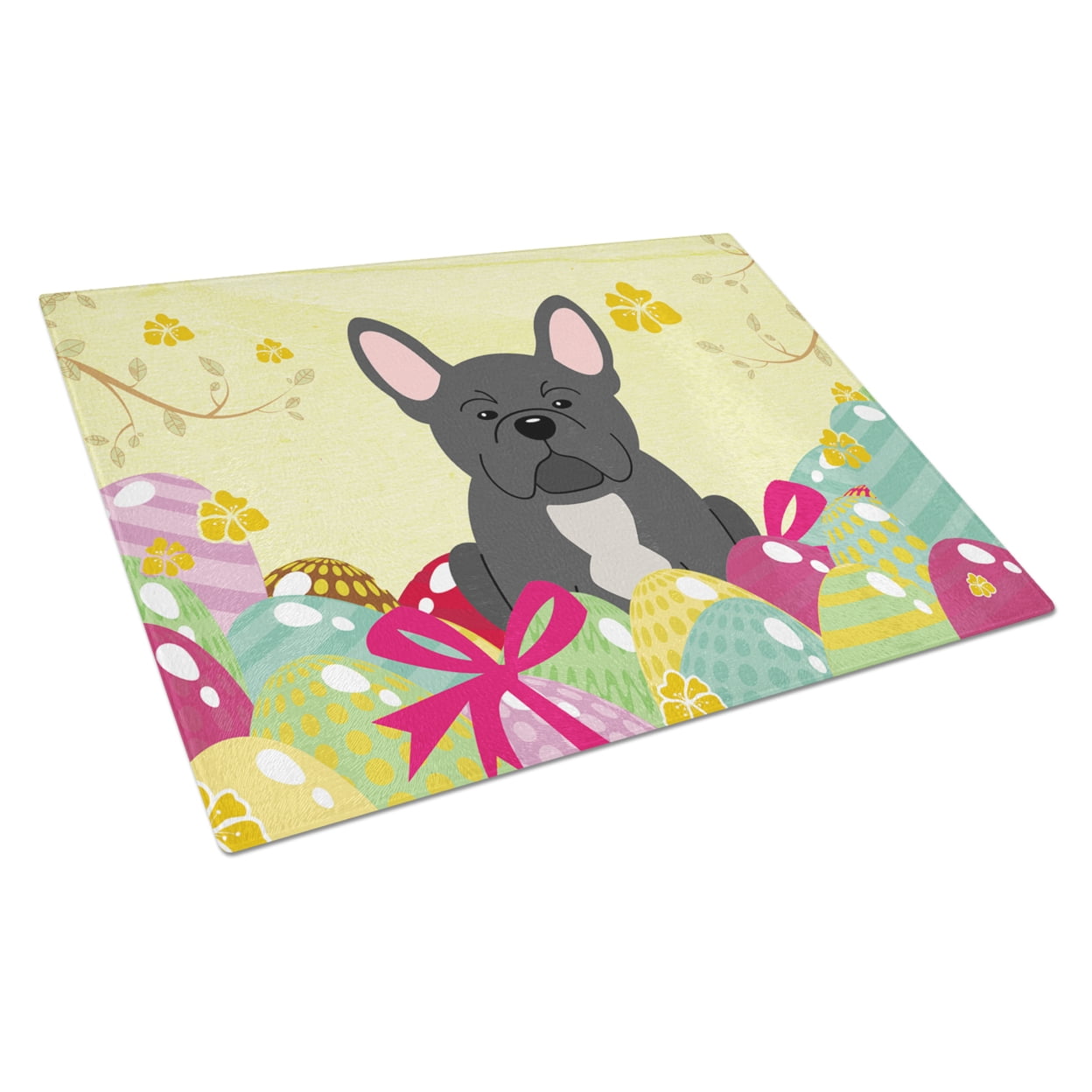 BB6014LCB Easter Eggs French Bulldog Black Glass Cutting Board - Large