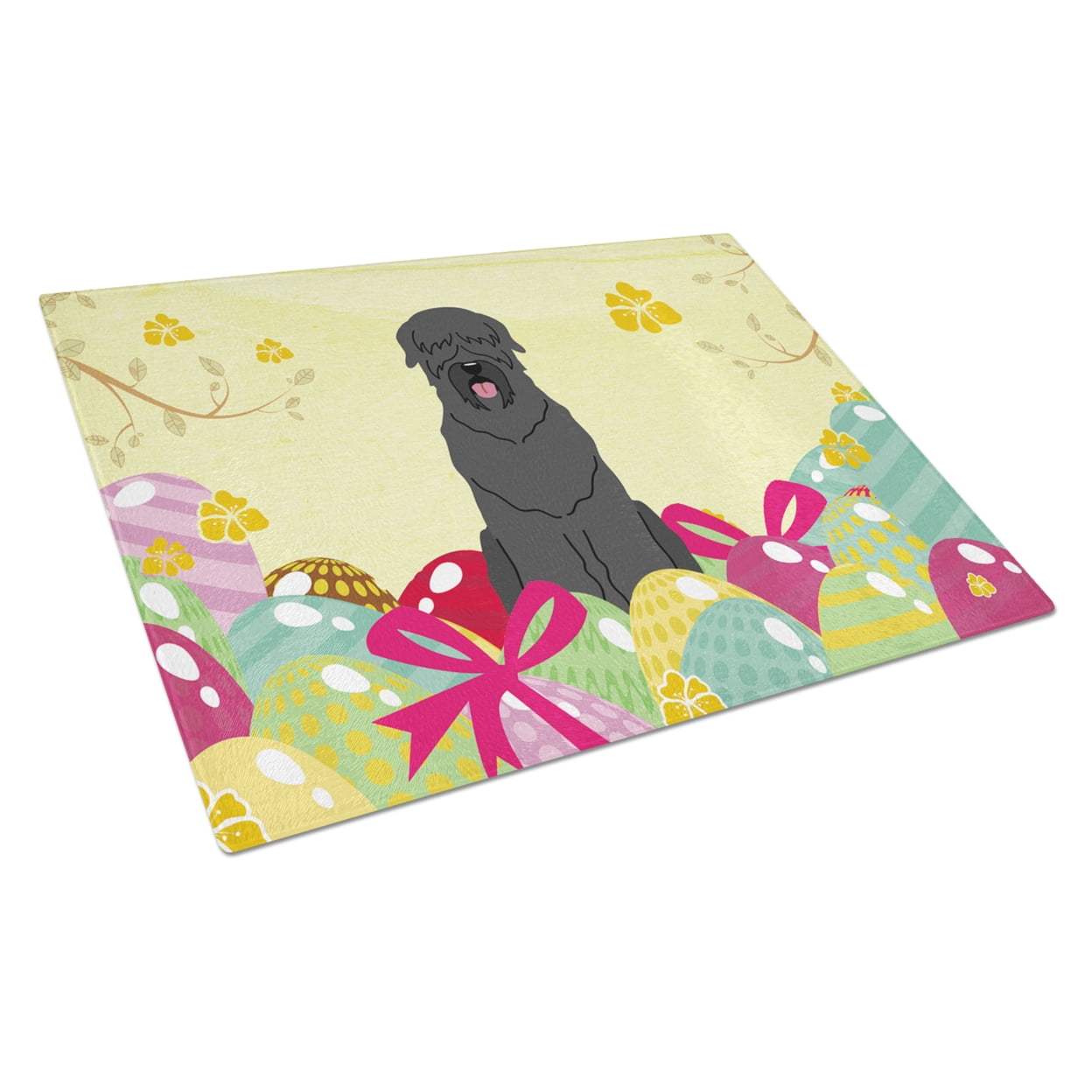 BB6026LCB Easter Eggs Black Russian Terrier Glass Cutting Board - Large