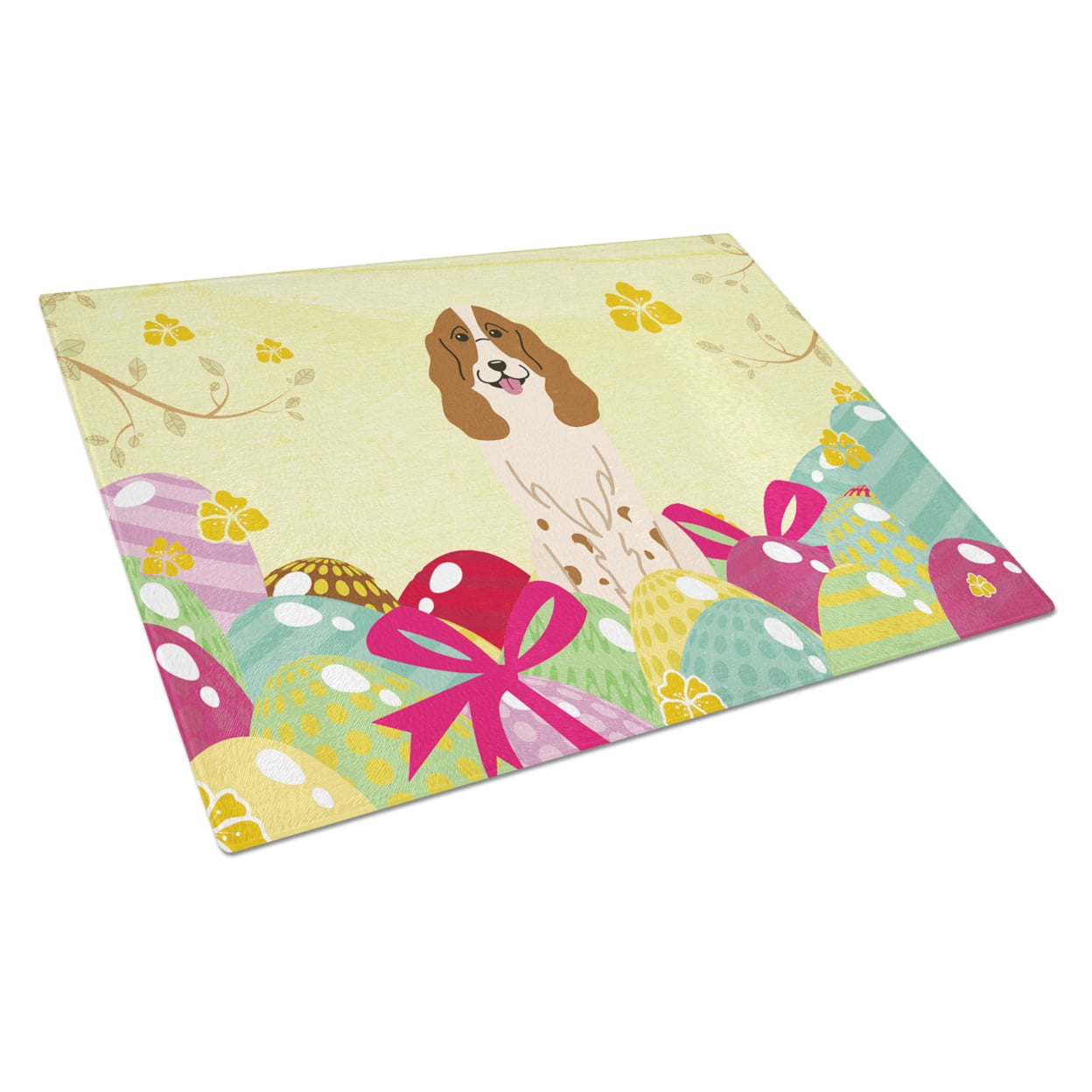 BB6031LCB Easter Eggs Russian Spaniel Glass Cutting Board - Large