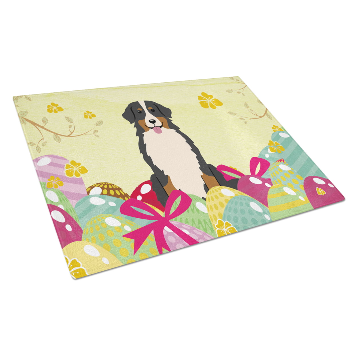 BB6036LCB Easter Eggs Bernese Mountain Dog Glass Cutting Board - Large