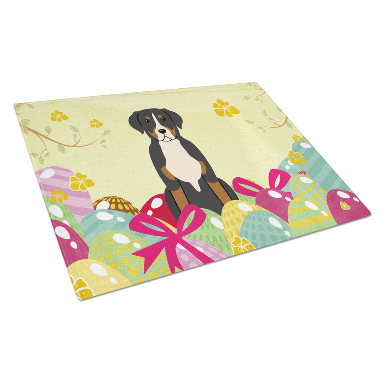 BB6037LCB Easter Eggs Greater Swiss Mountain Dog Glass Cutting Board - Large