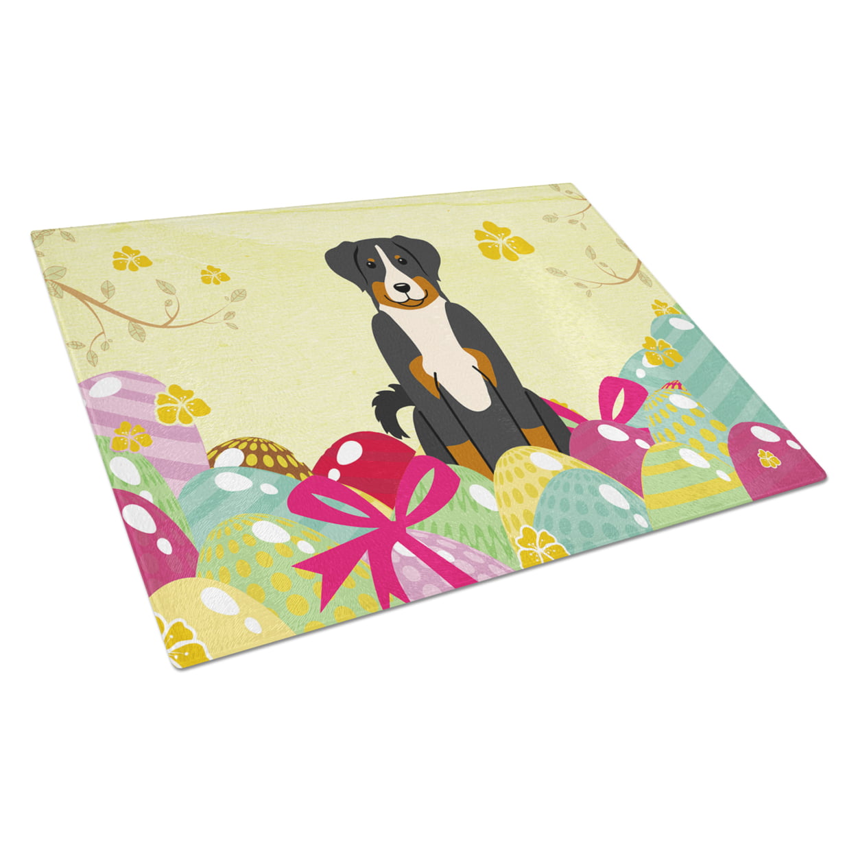 BB6043LCB Easter Eggs Appenzeller Sennenhund Glass Cutting Board - Large