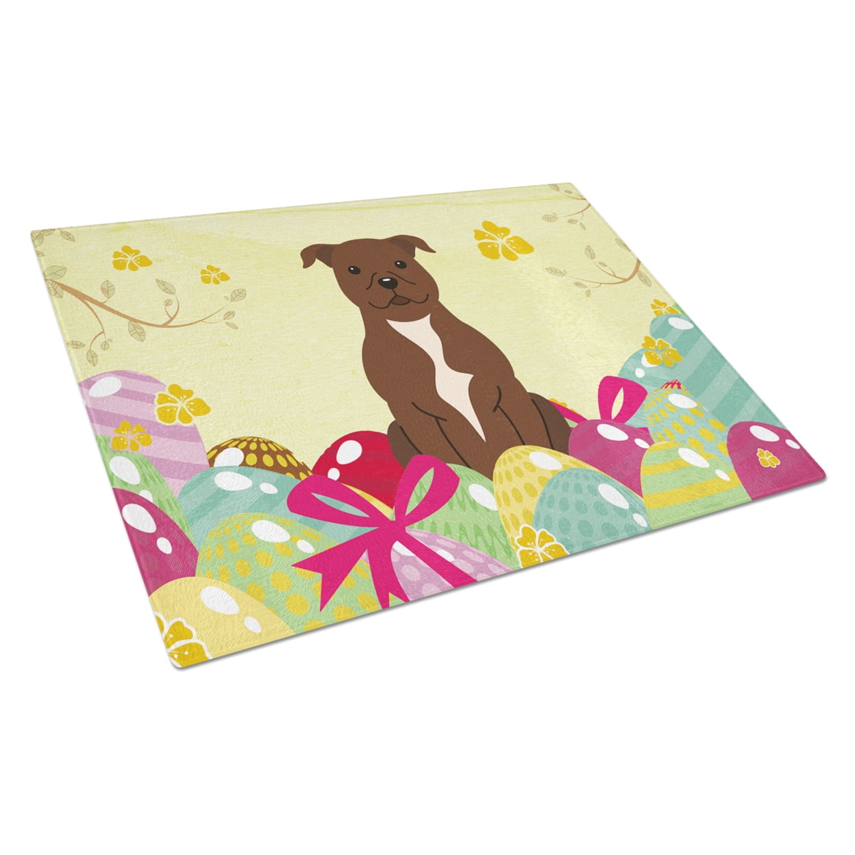 BB6048LCB Easter Eggs Staffordshire Bull Terrier Chocolate Glass Cutting Board - Large