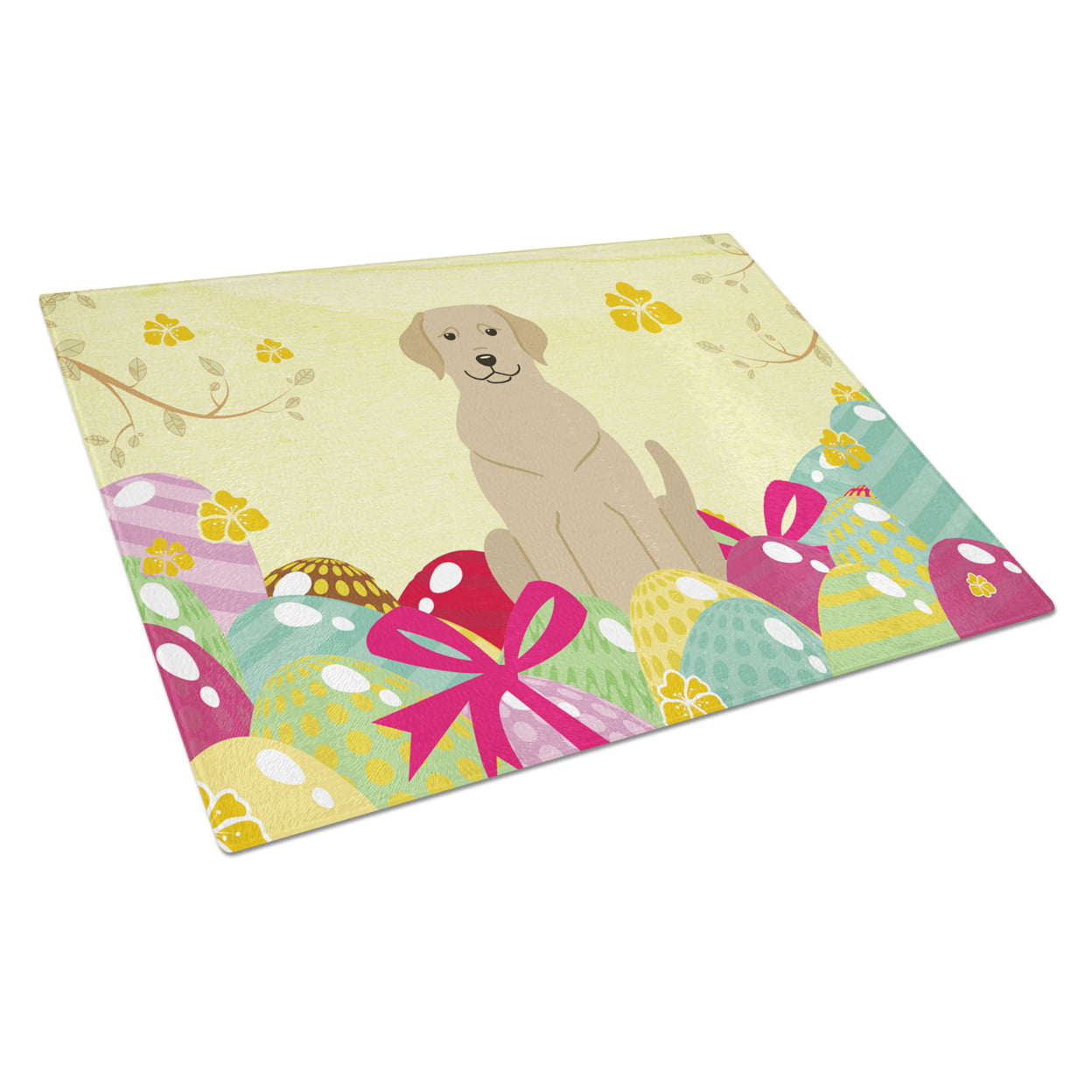 Easter Eggs Yellow Labrador Glass Cutting Board - Large