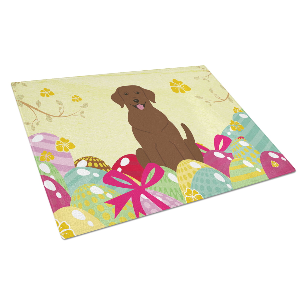 BB6056LCB Easter Eggs Chocolate Labrador Glass Cutting Board - Large