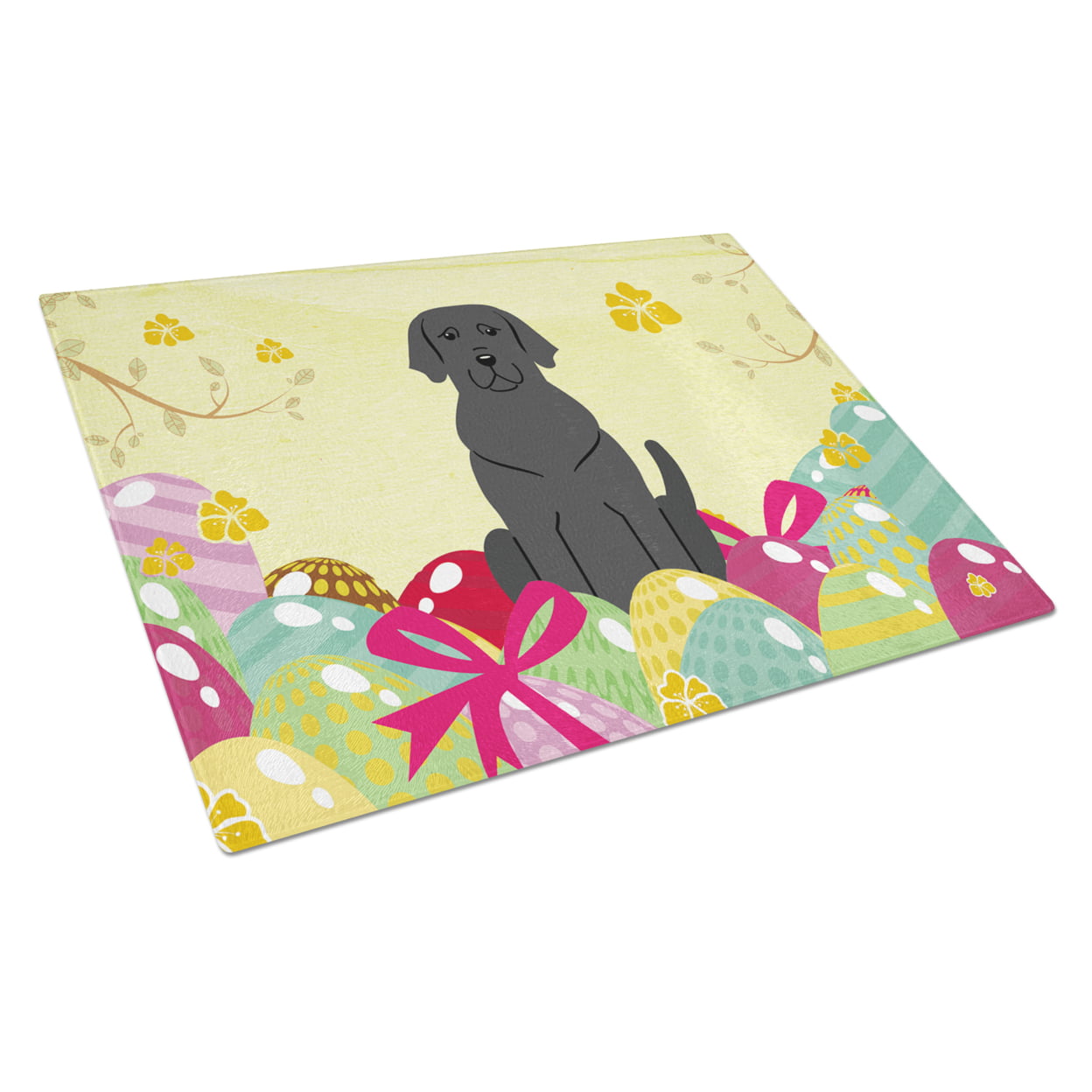 Easter Eggs Black Labrador Glass Cutting Board - Large