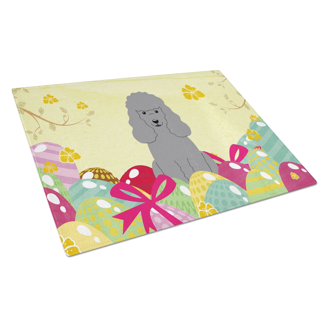 Easter Eggs Poodle Silver Glass Cutting Board - Large