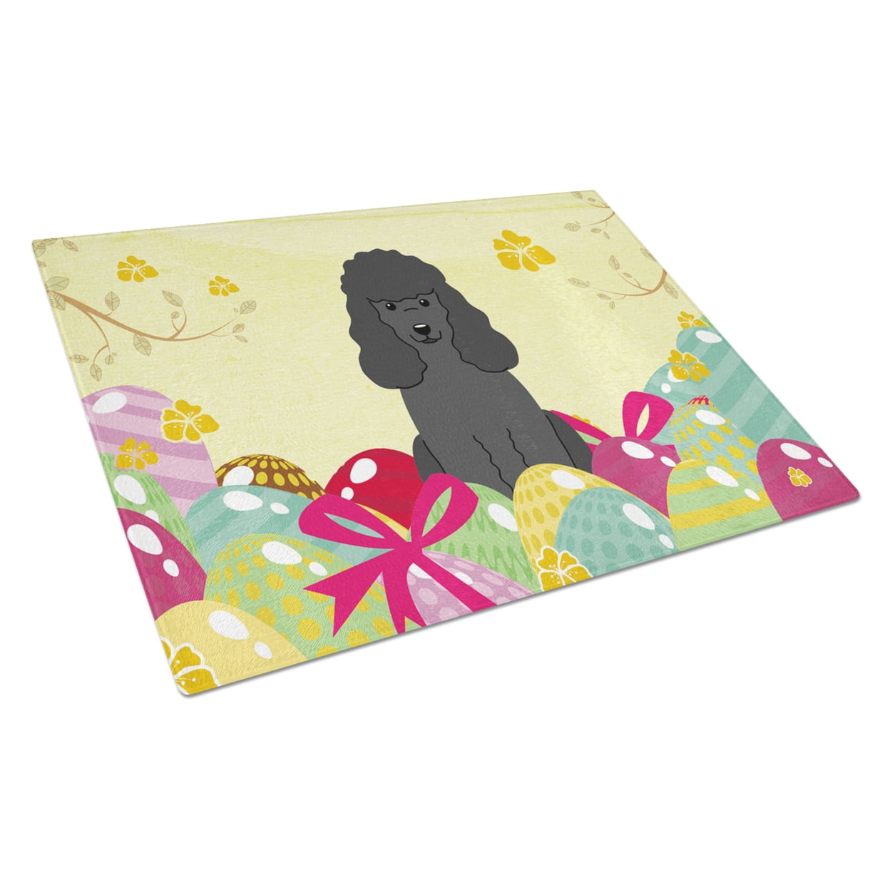 BB6071LCB Easter Eggs Poodle Black Glass Cutting Board - Large