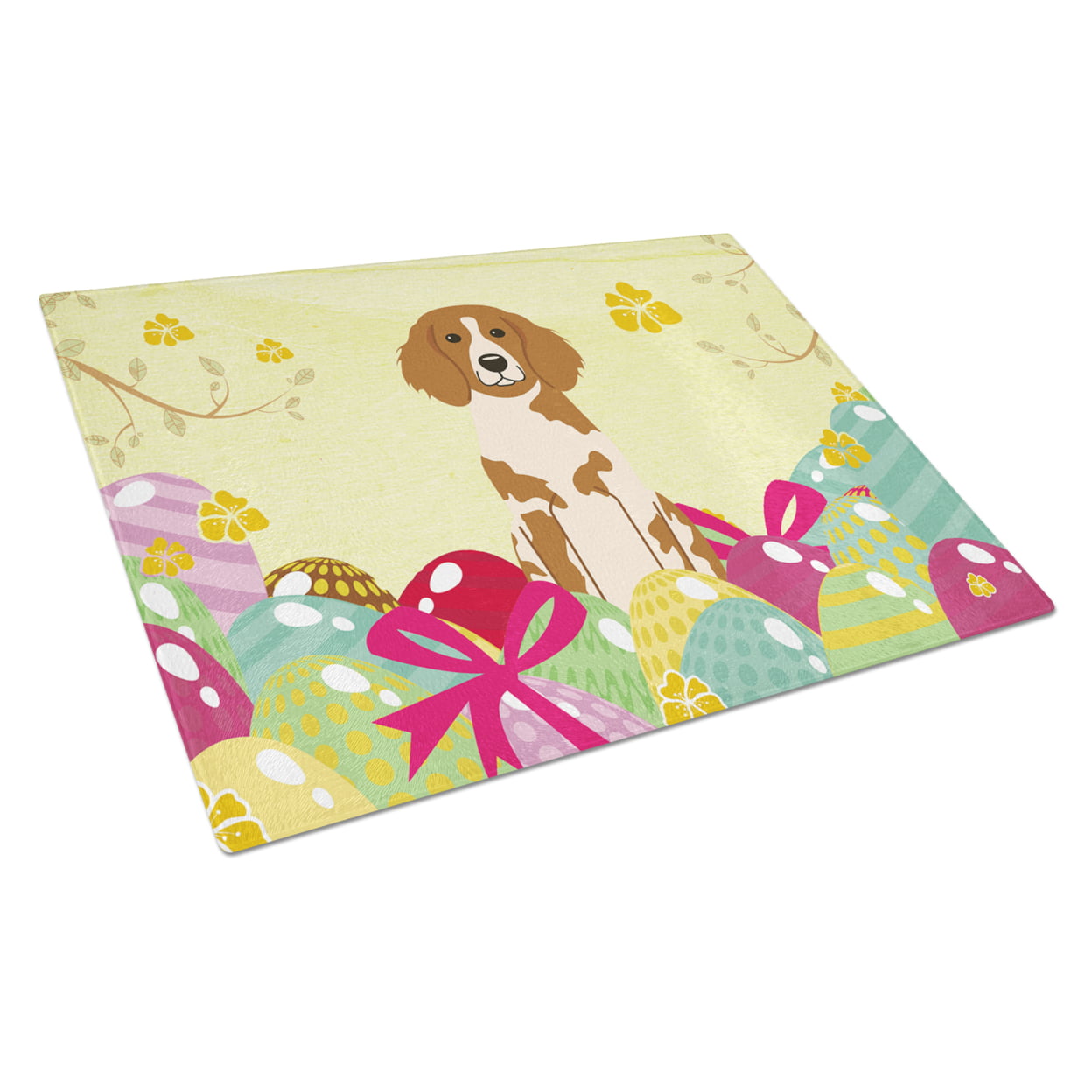 Easter Eggs Brittany Spaniel Glass Cutting Board - Large