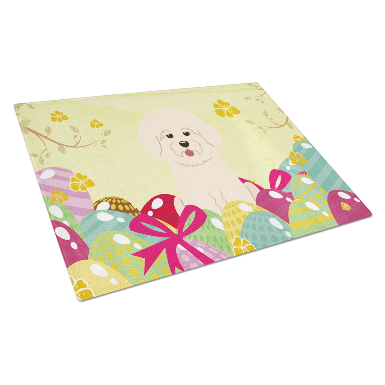 BB6075LCB Easter Eggs Bichon Frise Glass Cutting Board - Large