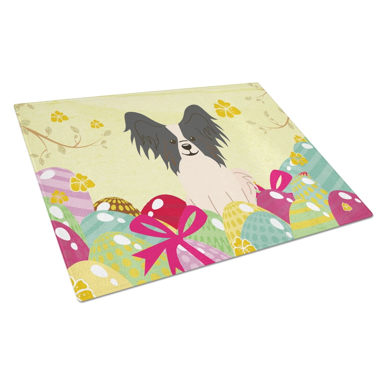 BB6076LCB Easter Eggs Papillon Black & White Glass Cutting Board - Large