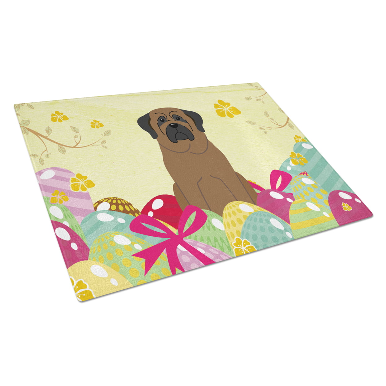 BB6084LCB Easter Eggs Bullmastiff Glass Cutting Board - Large