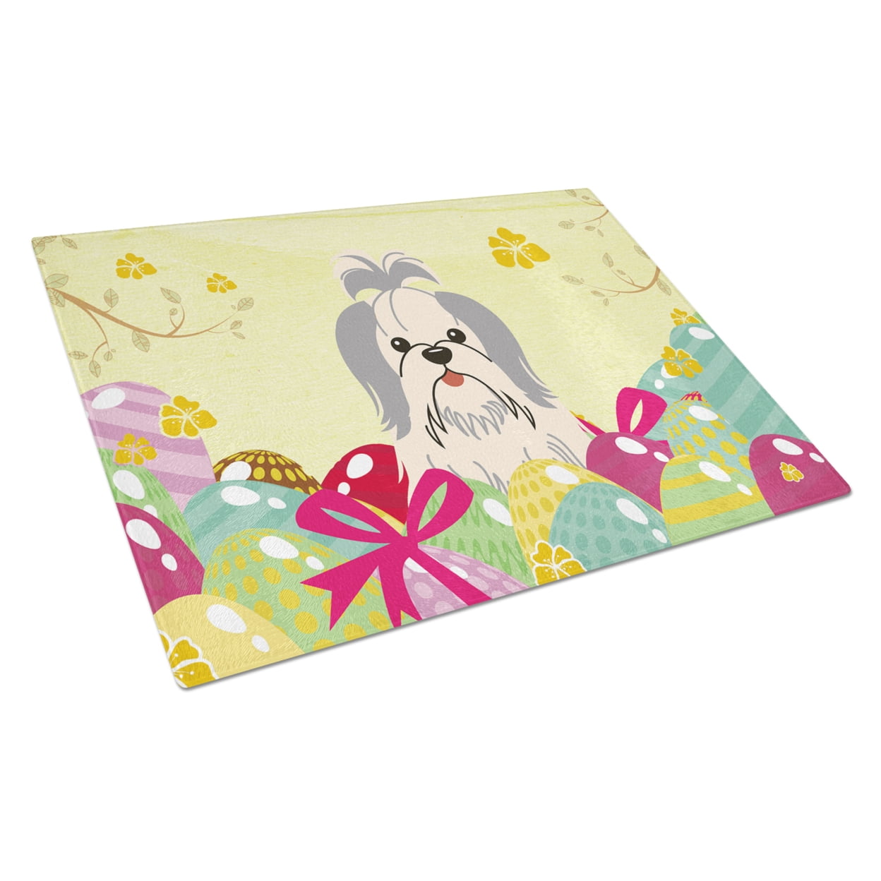 BB6085LCB Easter Eggs Shih Tzu Silver & White Glass Cutting Board - Large