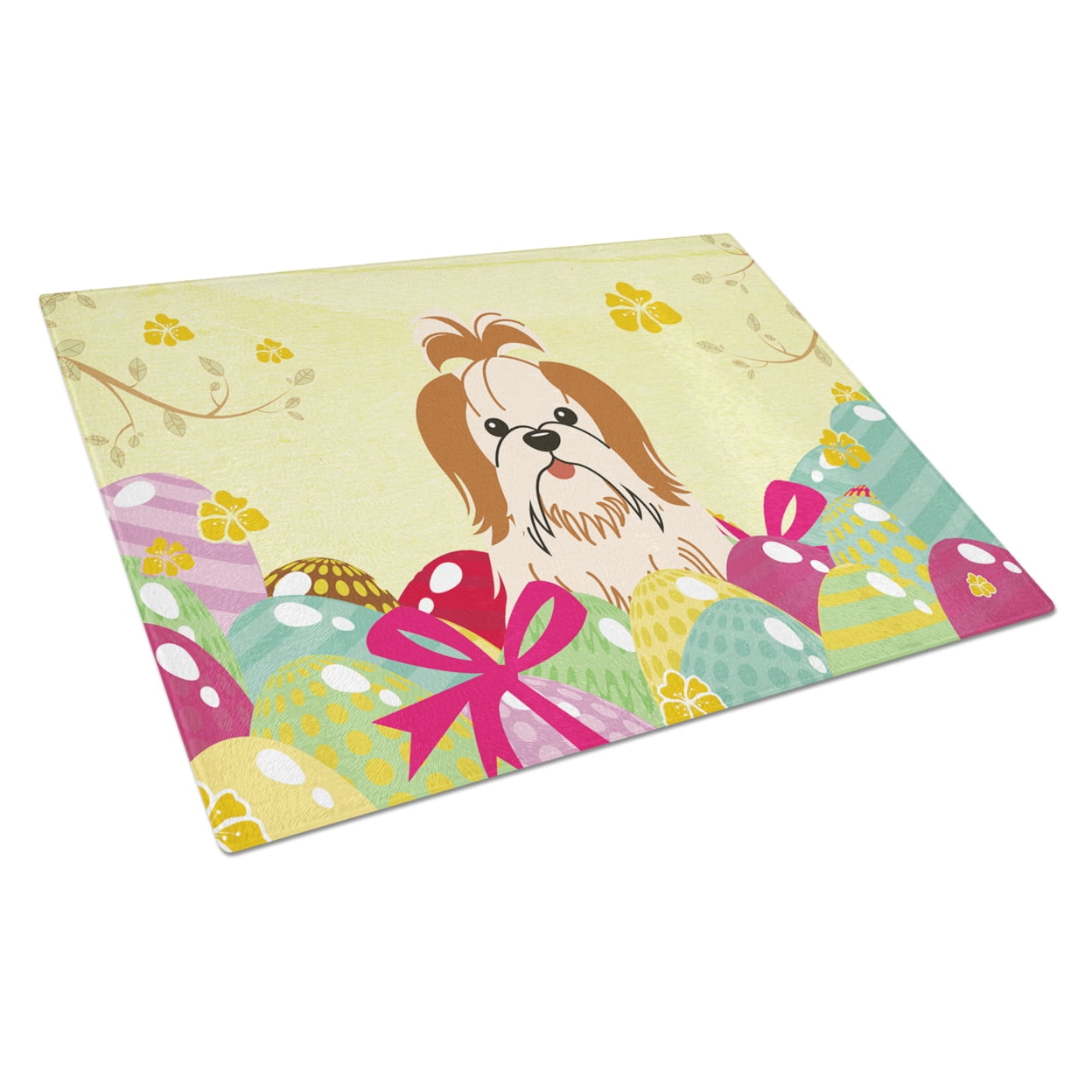 Easter Eggs Shih Tzu Red White Glass Cutting Board - Large