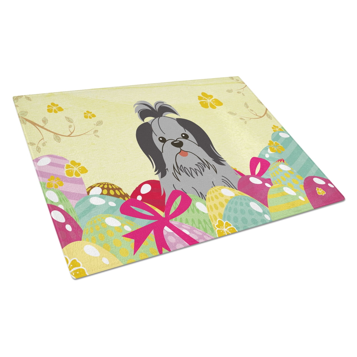 Easter Eggs Shih Tzu Black Silver Glass Cutting Board - Large