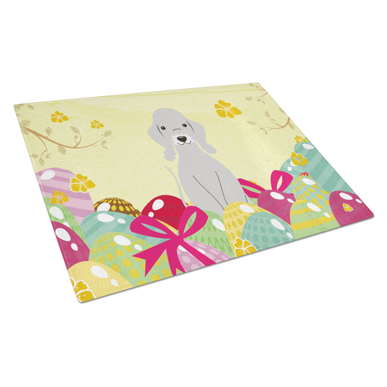 BB6090LCB Easter Eggs Bedlington Terrier Blue Glass Cutting Board - Large