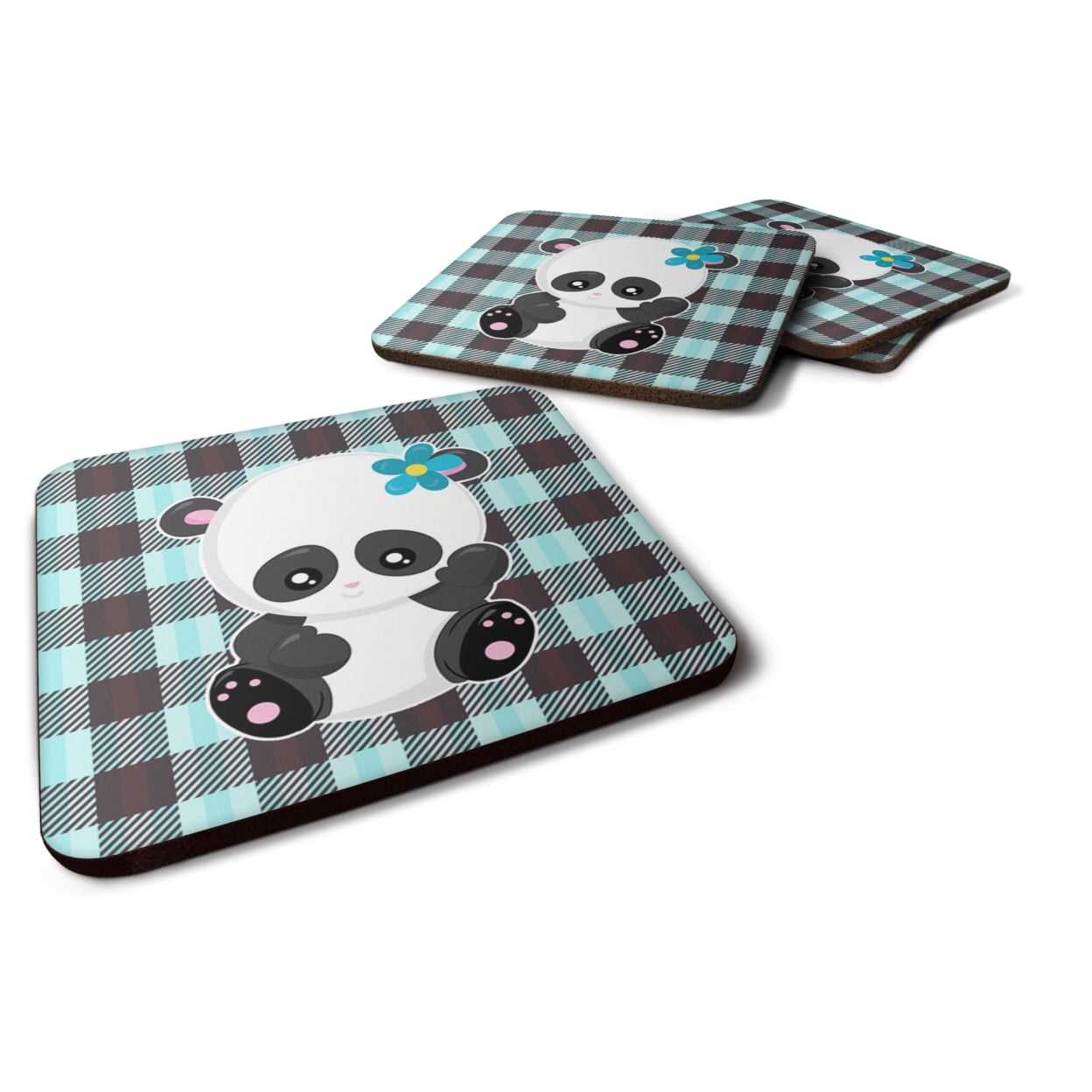 Panda on Plaid Foam Coasters - Set of 4