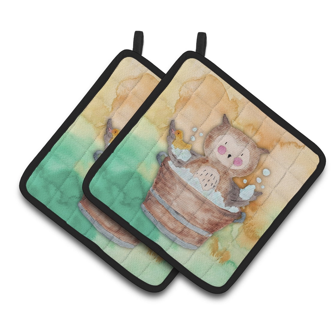 Owl Bathing Watercolor Pair of Pot Holders