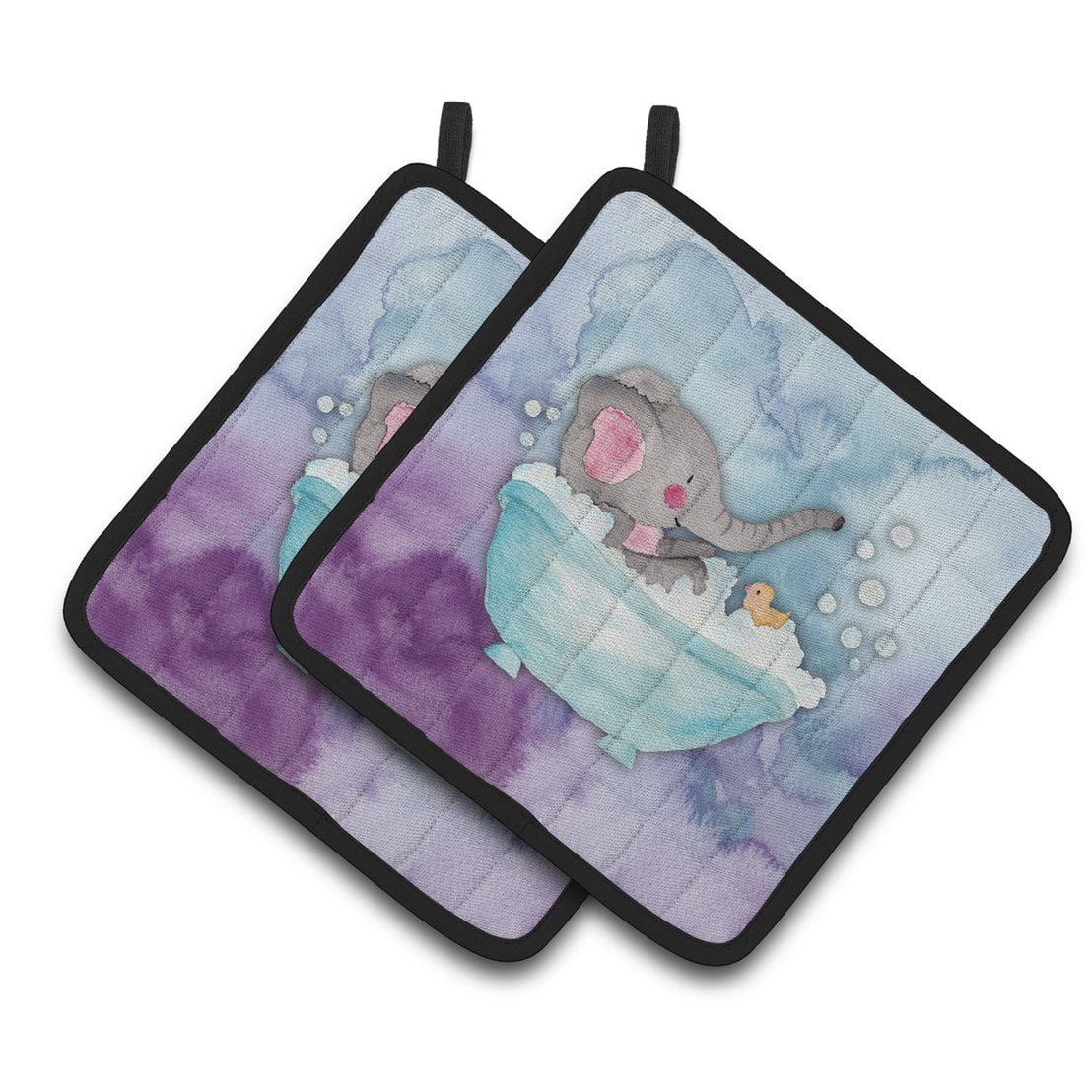 Elephant Bathing Watercolor Pair of Pot Holders