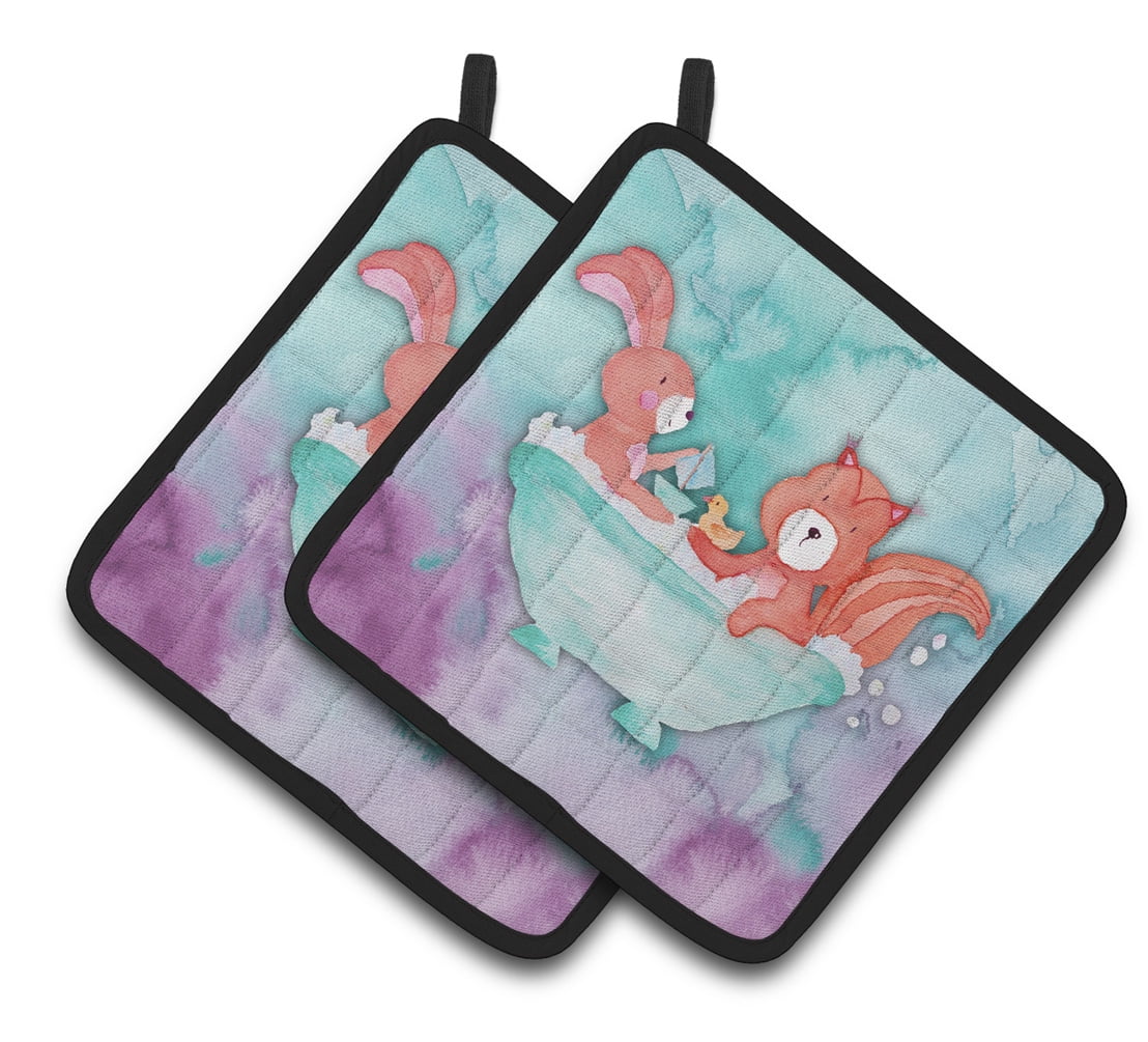 Rabbit & Squirrel Bathing Watercolor Pair of Pot Holders