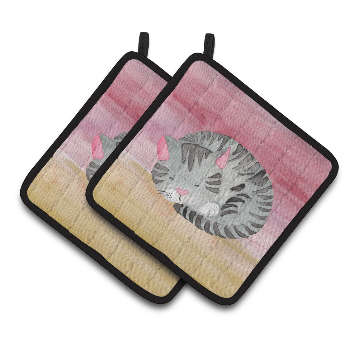 Sleeping Grey Cat Watercolor Pair of Pot Holders
