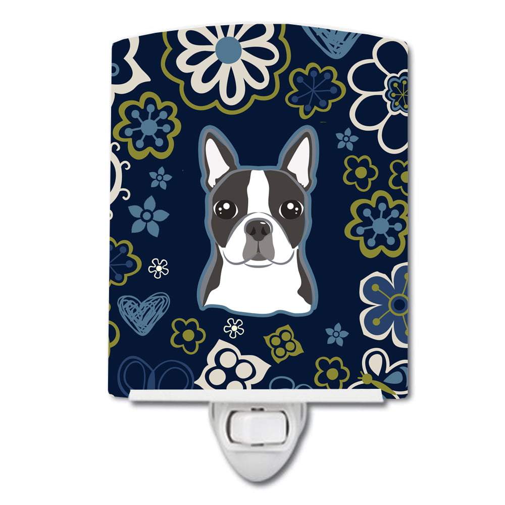 Blue Flowers Boston Terrier Ceramic Night Light