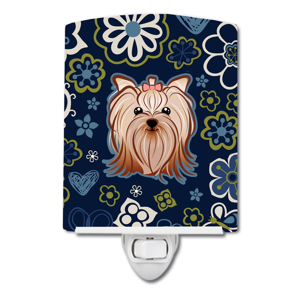 Blue Flowers Yorkie Yorkishire Terrier Ceramic Night Light