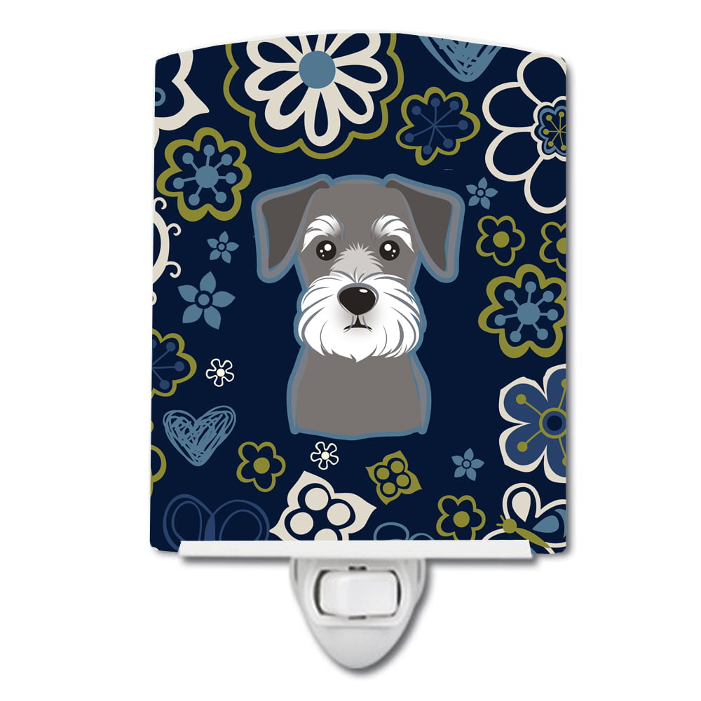 Blue Flowers Schnauzer Ceramic Night Light
