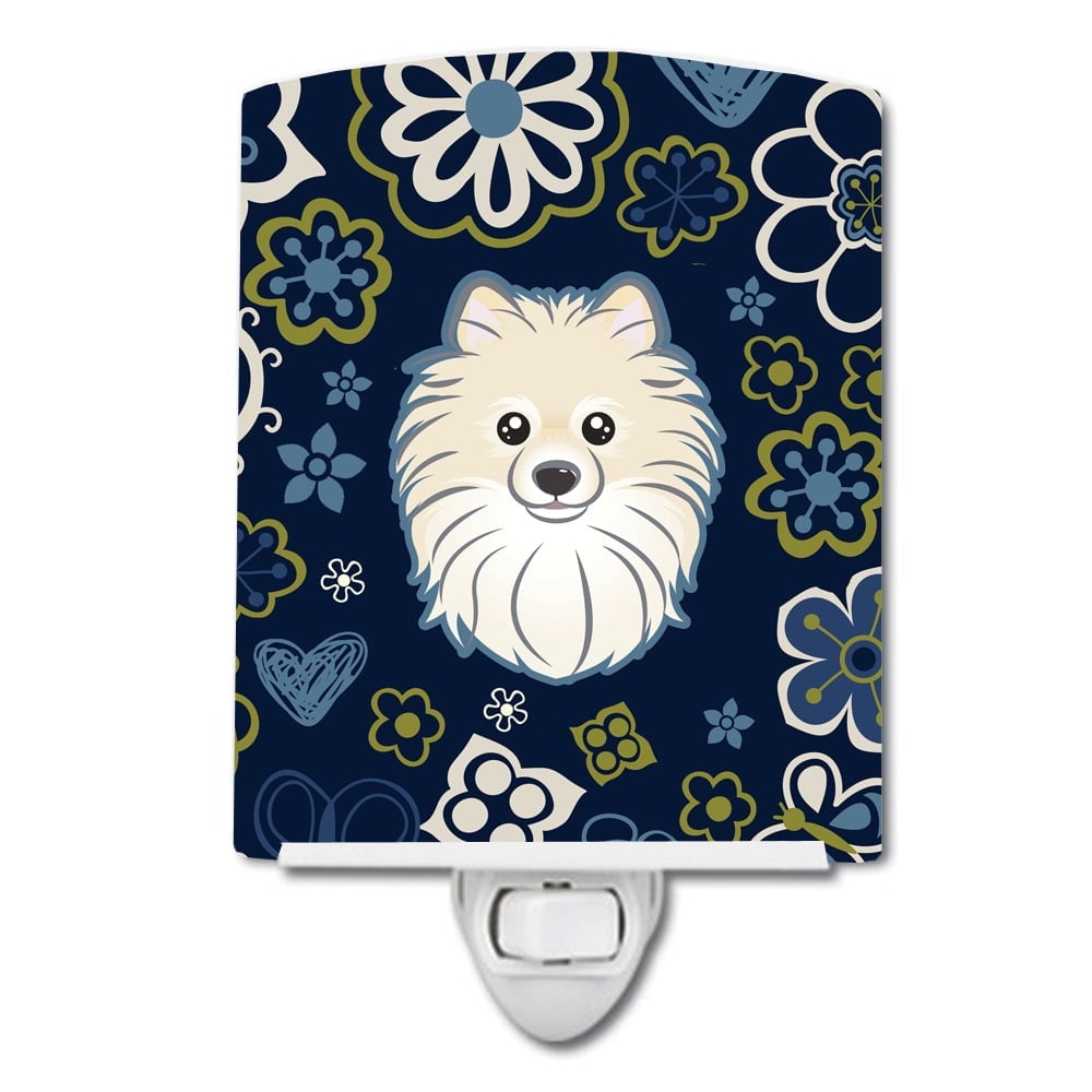 Blue Flowers Pomeranian Ceramic Night Light
