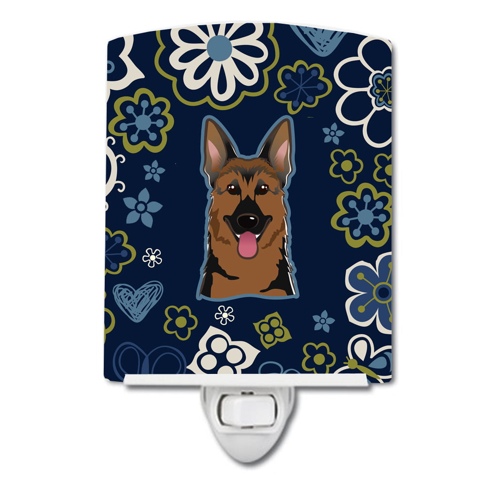 Blue Flowers German Shepherd Ceramic Night Light