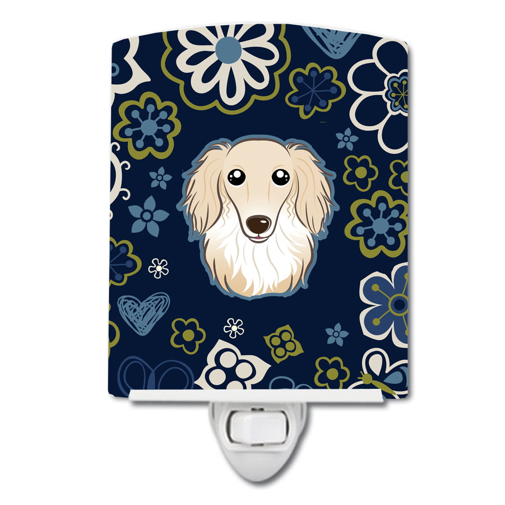Blue Flowers Longhair Creme Dachshund Ceramic Night Light