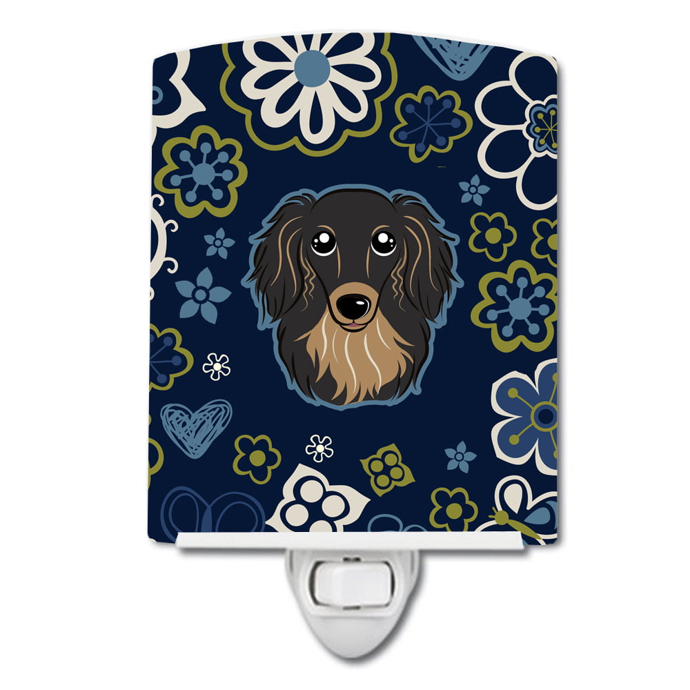 Blue Flowers Longhair Black & Tan Dachshund Ceramic Night Light