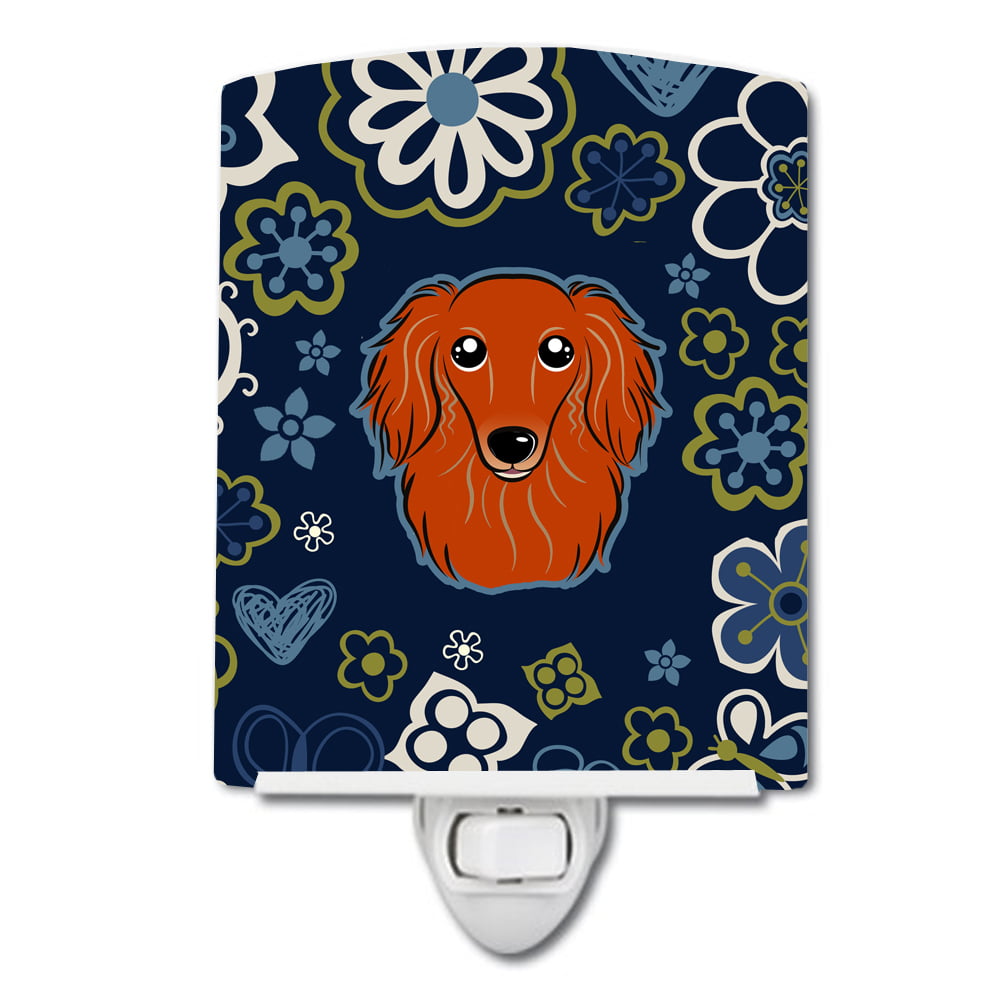 Blue Flowers Longhair Red Dachshund Ceramic Night Light