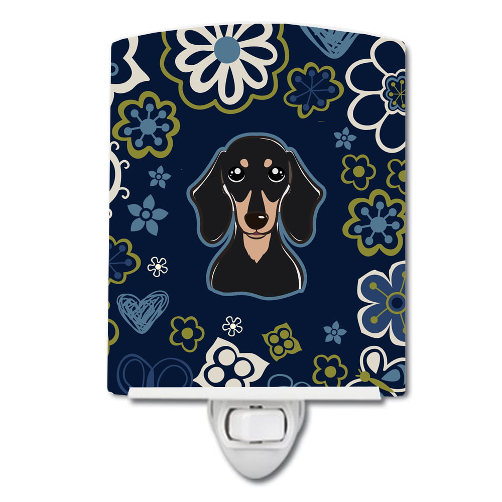 Blue Flowers Smooth Black & Tan Dachshund Ceramic Night Light