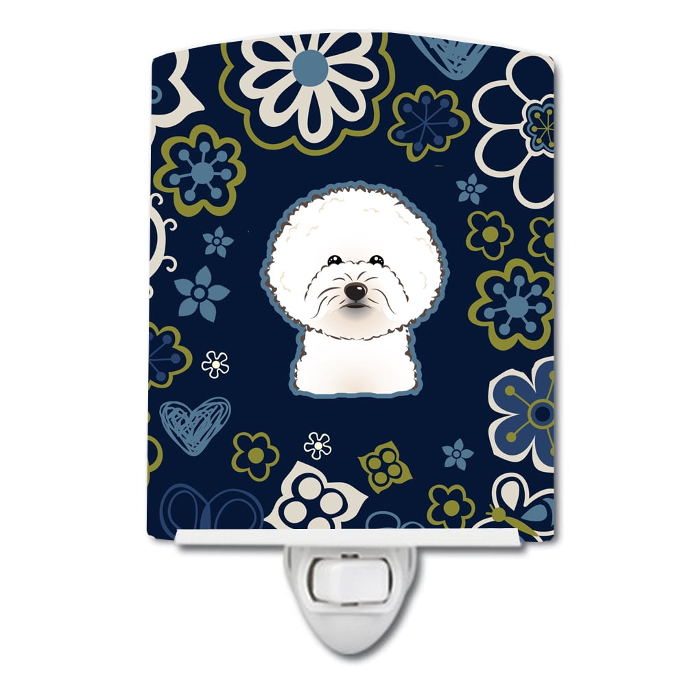 Blue Flowers Bichon Frise Ceramic Night Light