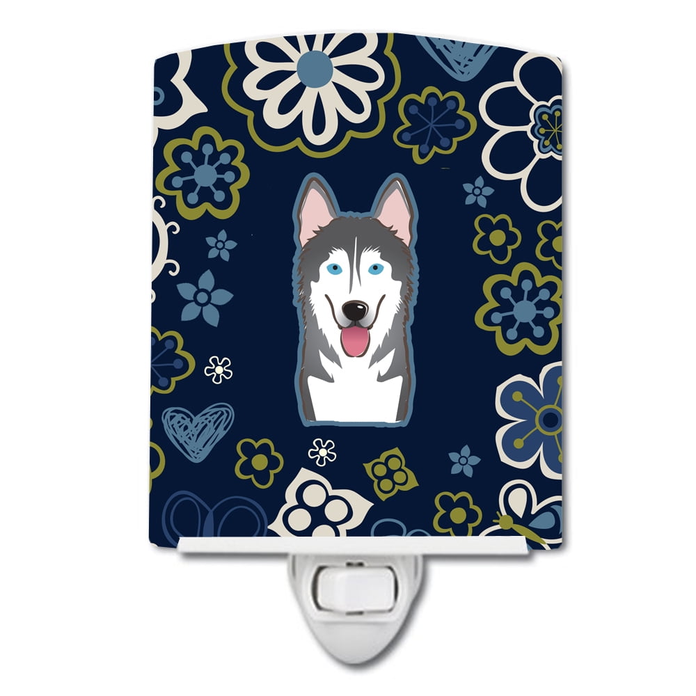 Blue Flowers Alaskan Malamute Ceramic Night Light