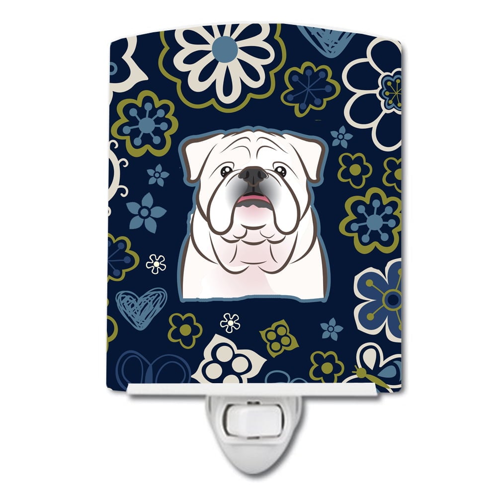 Blue Flowers White English Bulldog Ceramic Night Light