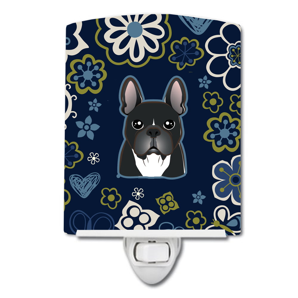 Blue Flowers French Bulldog Ceramic Night Light