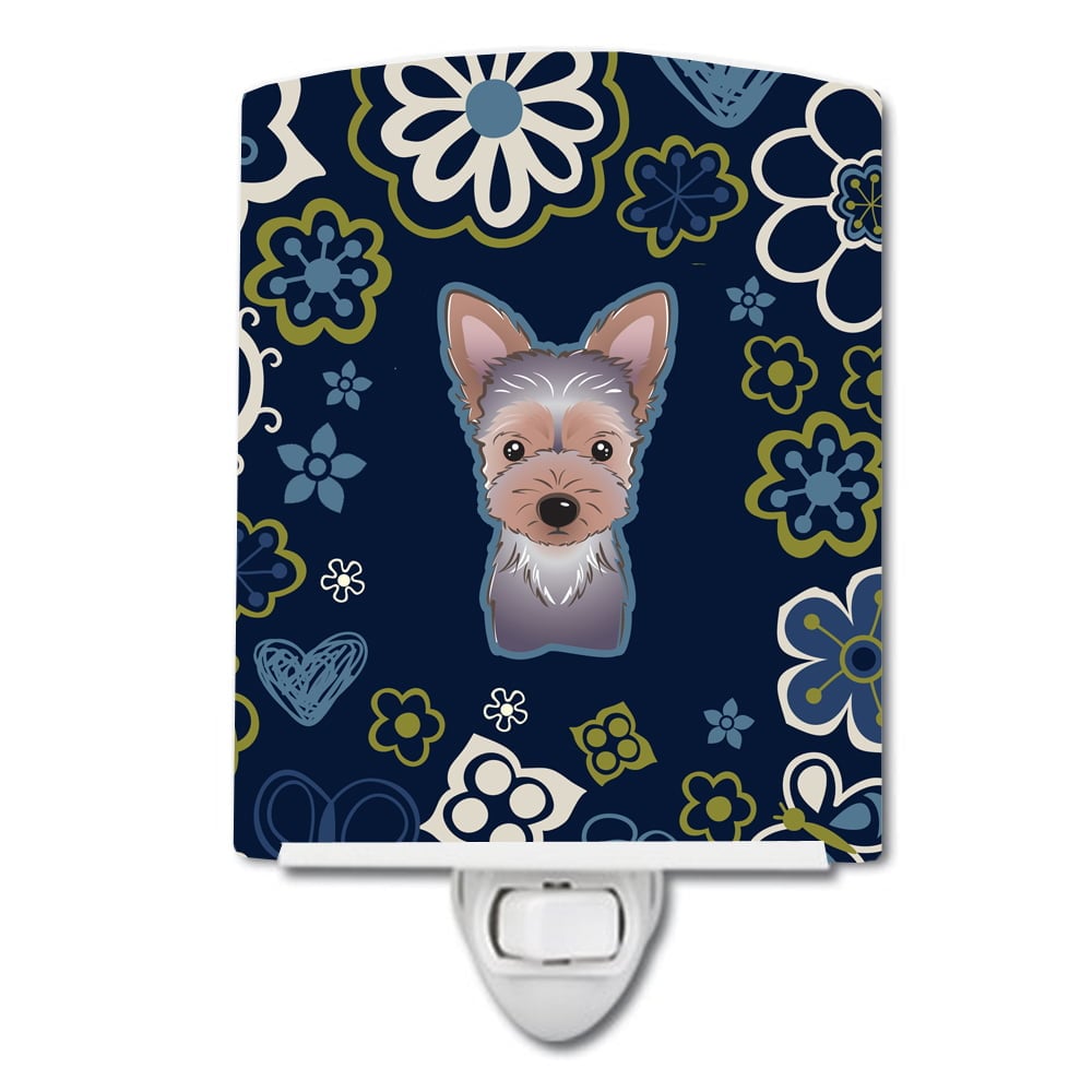 Blue Flowers Yorkie Puppy Ceramic Night Light