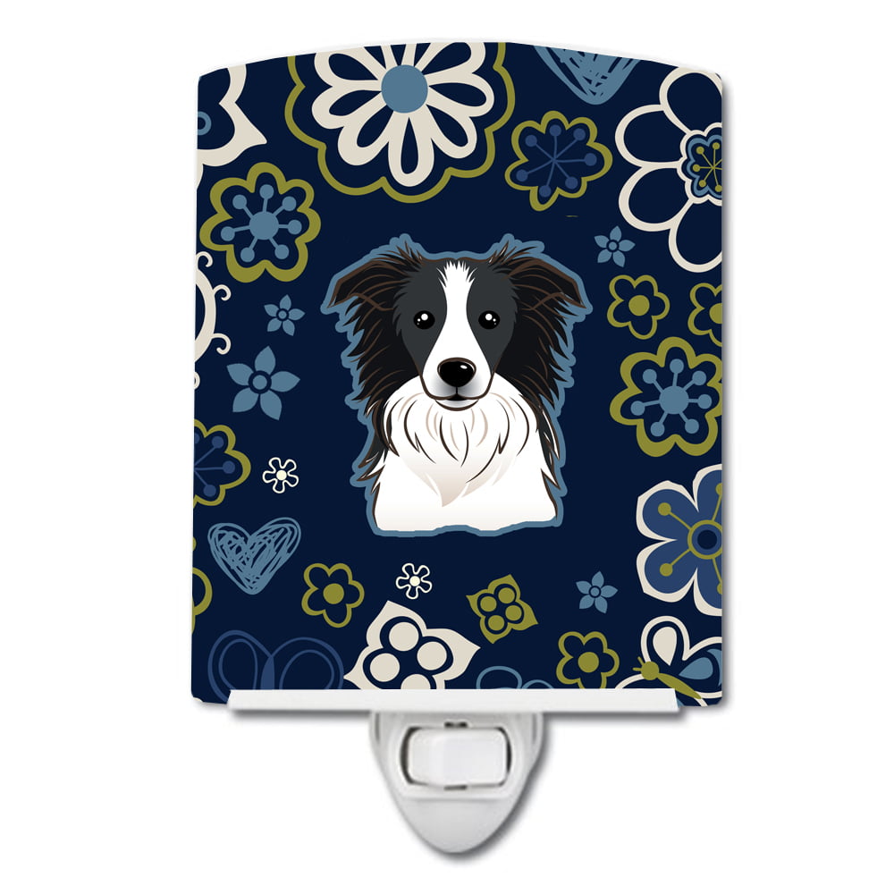 Blue Flowers Border Collie Ceramic Night Light