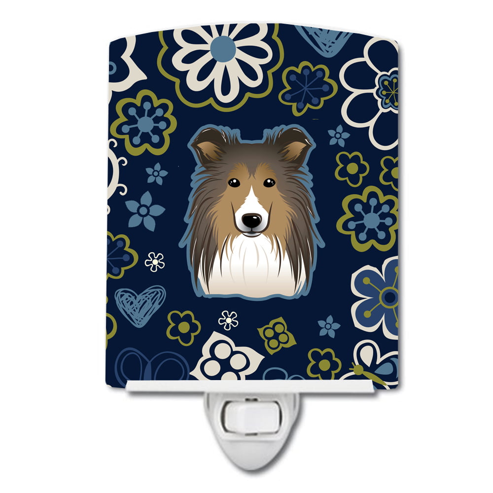 Blue Flowers Sheltie Ceramic Night Light