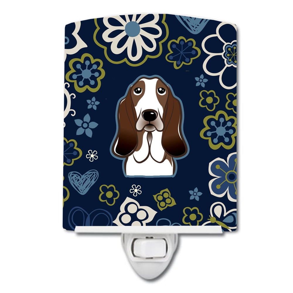 Blue Flowers Basset Hound Ceramic Night Light