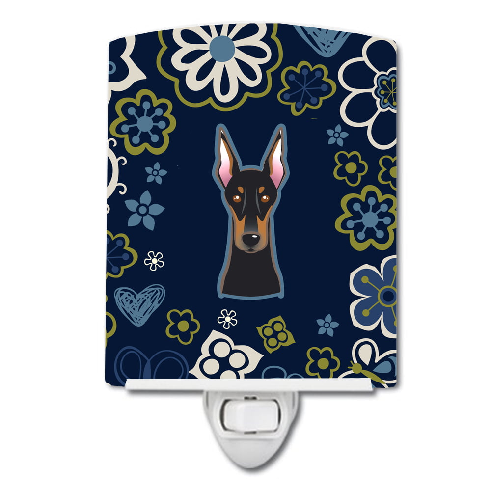 Blue Flowers Doberman Pinscher Ceramic Night Light