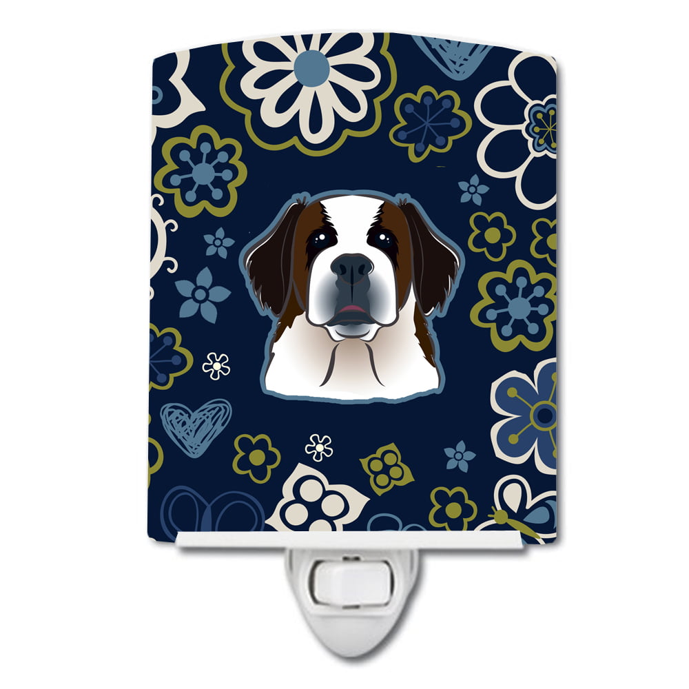 Blue Flowers Saint Bernard Ceramic Night Light
