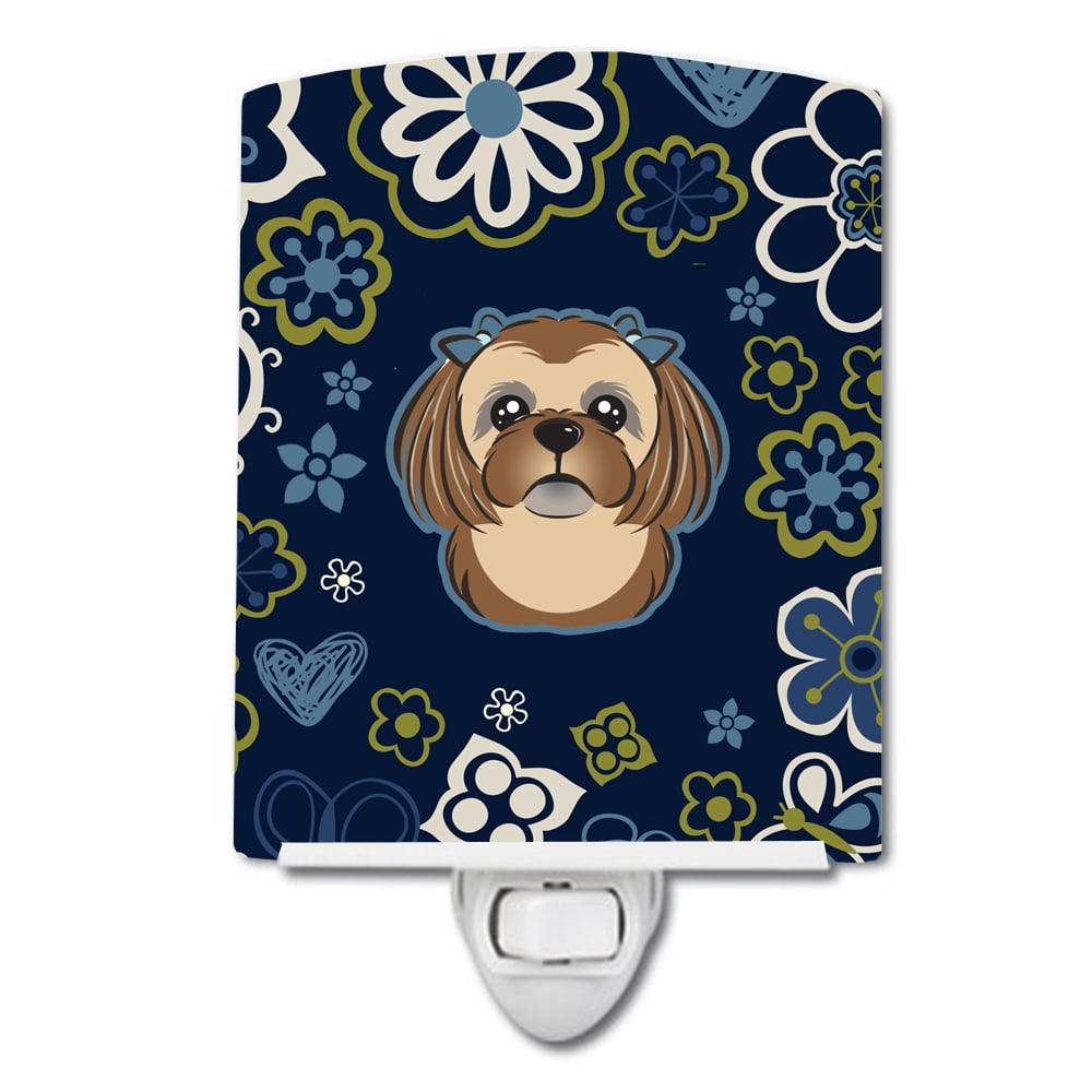 Blue Flowers Chocolate & Brown Shih Tzu Ceramic Night Light