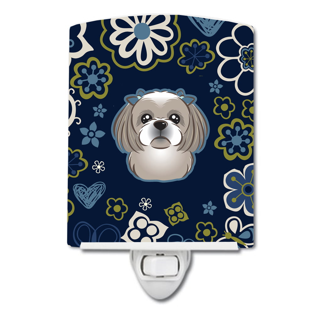 Blue Flowers Gray & Silver Shih Tzu Ceramic Night Light
