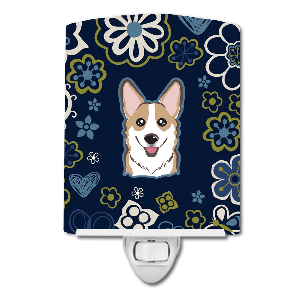 Blue Flowers Sable Corgi Ceramic Night Light