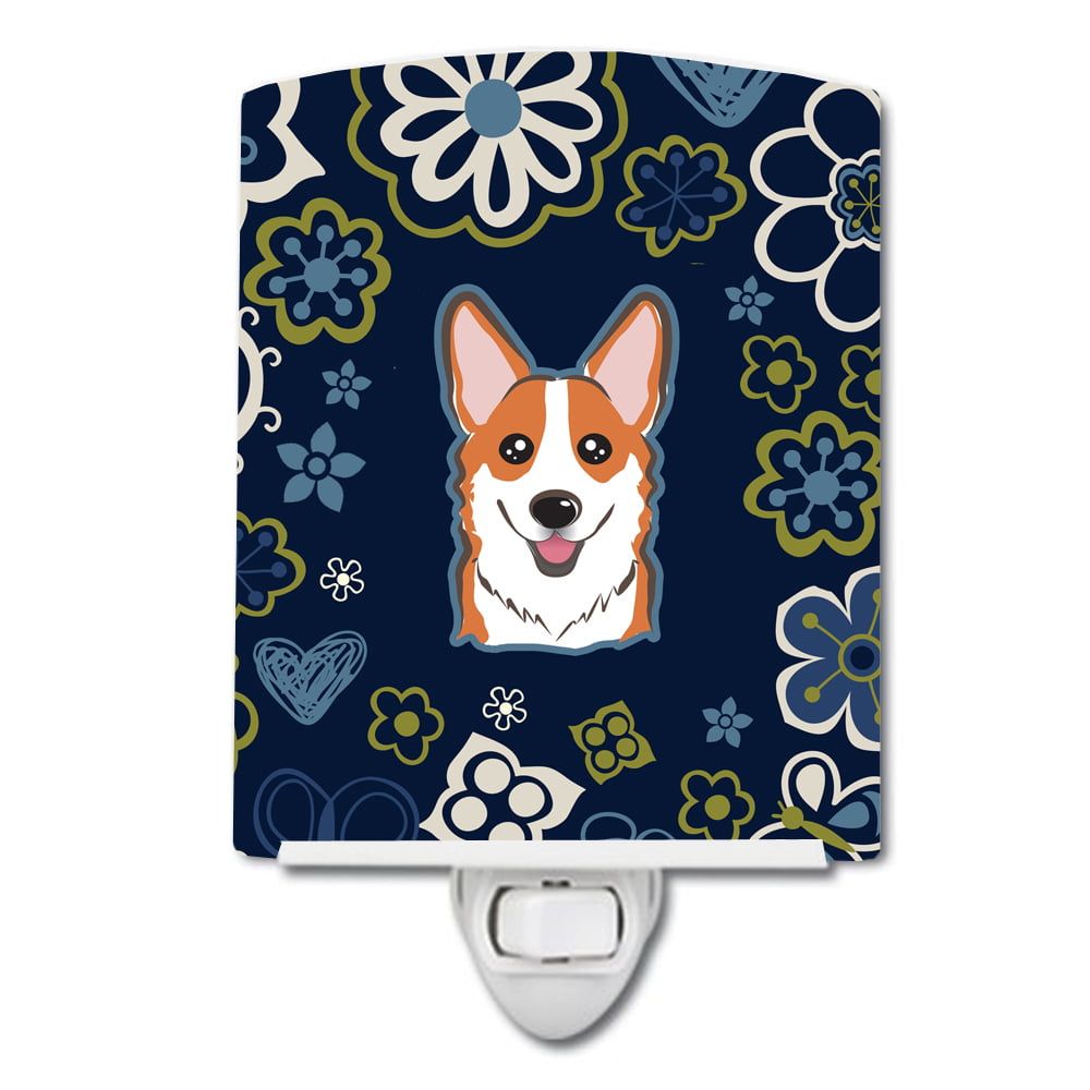 BB5105CNL Blue Flowers Red Corgi Ceramic Night Light