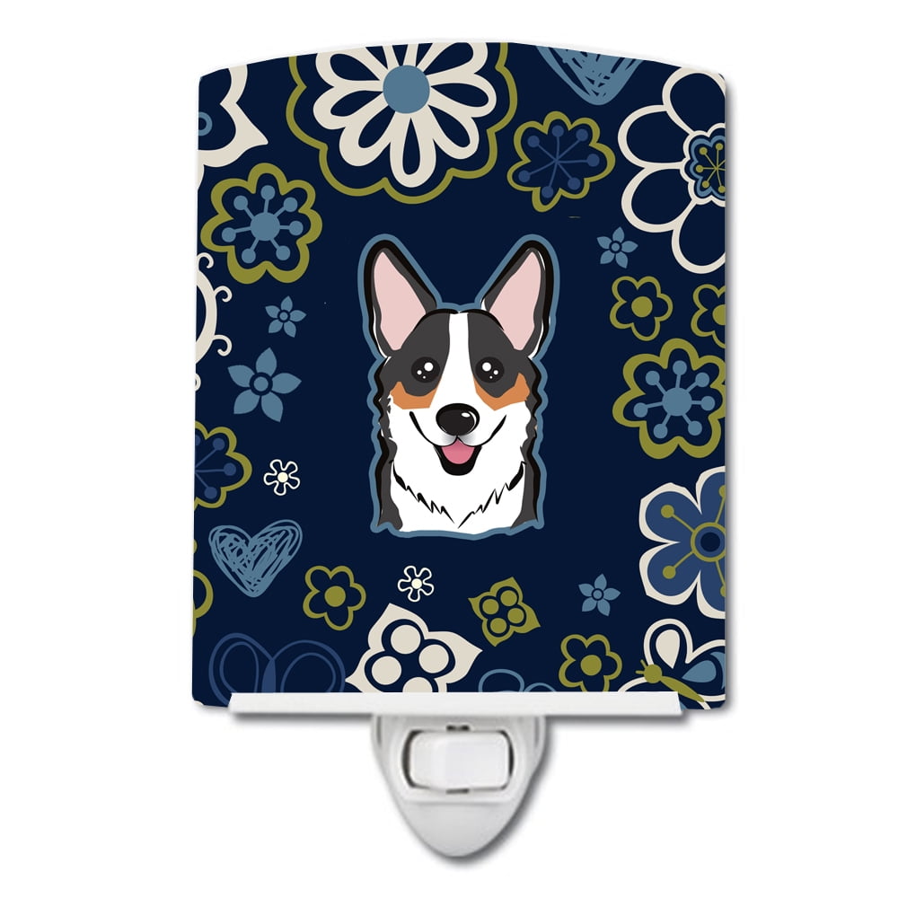 Blue Flowers Tricolor Corgi Ceramic Night Light